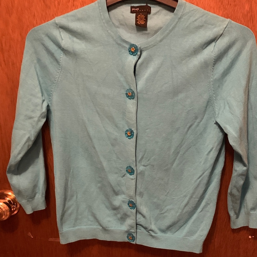 Grace Elements Blue Cardigan with Floral Buttons